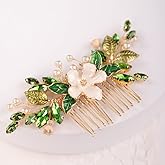 Missgrace Women Bridal Wedding Simple Dainty Gold Green Rhinestones Pearls Flower Leaf Side Hair Comb Special Occasion Headpiece Hair Accessories for Women