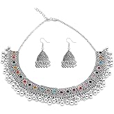 Colorful Indian Jewellery Set for Bride Wedding Imitation Cubic Zirconia Choker Necklace Dangle Jhumka Jhumki Bollywood Bead Tassel Traditional Ethnic Outfits Party Wear Fashion Jewelry Gifts Punk Gift