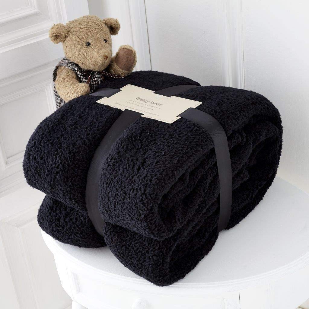 Teddy Fleece Throw Blanket Warm Soft Luxury Cuddly Sofa Bedspread Travel Throw (Black, Single - 100 X 150cm)