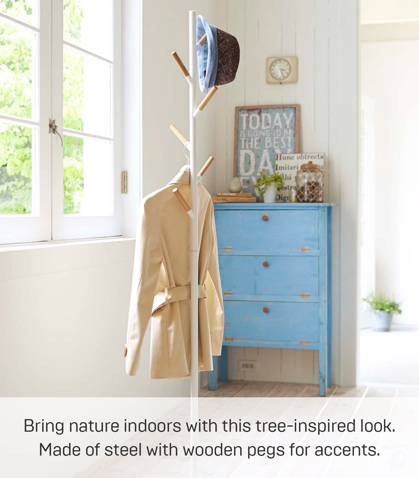 Yamazaki Home Freestanding Coat Hanger Rack with Wooden Hooks, Space Saving Steel One Size White