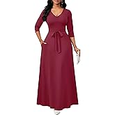 FANDEE Maxi Dress for Women, Long Casual Empire Waist Dresses 3/4 Sleeve V-Neck with Pockets