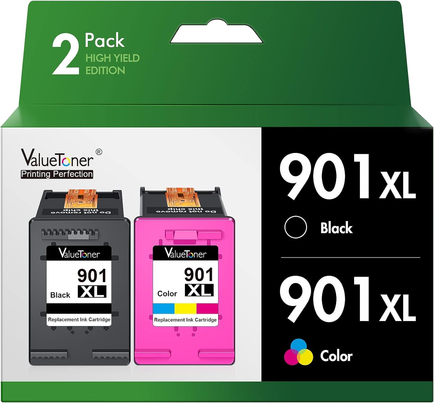 Photo 1 of Valuetoner Remanufactured Ink Cartridge Replacement for HP 901 Ink Cartridges 901XL Compatible for HP Officejet 4500 G510a J4524 J4540 J4550 J4580 J4624 J4640 J4680 Printer (1 Black, 1 Color, 2 Pack)