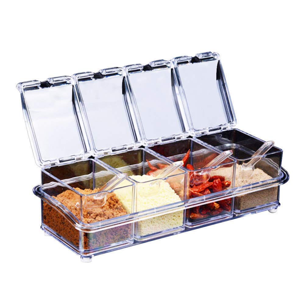 Transparent Seasoning Rack Spice Pots - 4 Piece Acrylic Seasoning Box - Storage Container Condiment Jars - Cruet with Cover and Spoon