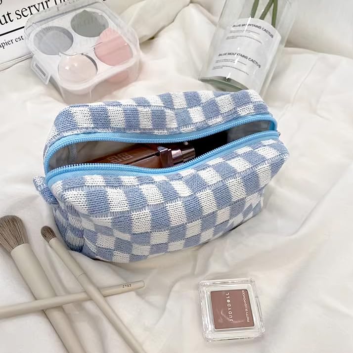 HUTIP Preppy Makeup Bag Small Checkered Cosmetic Bag Makeup Pouch Toiletry Pouch Set for Purse Aesthetic Pink Blue Checkered Large Capacity Travel College Supplies Cosmetic Organizer Make Up Bag