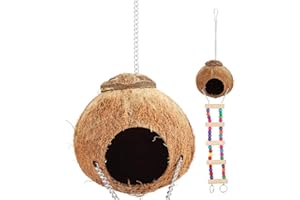 Bird Nest, Bird Finch House with Ladder, Coconut Husk Parrot Nest Swing Bed Cave for Small Parrots, Cockatiel, Canary, Finch,