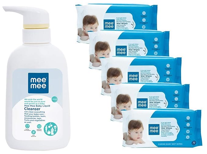 Mee Mee Anti-Bacterial Baby Liquid Cleanser (300ml) & Caring Baby Wet Wipes, Aloe Vera, 72 Pieces (Pack of 5) Combo