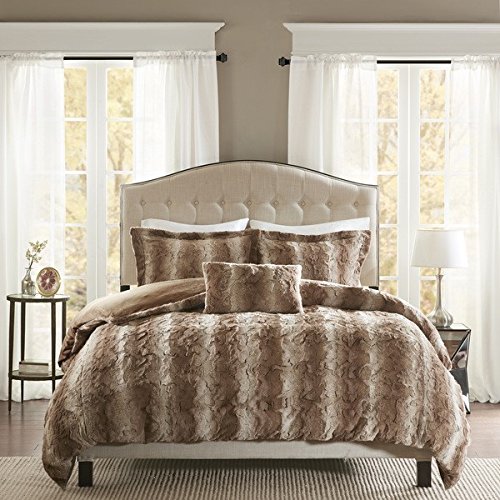 4 Piece Tan Brown Faux Fur King Duvet Cover Set, White Color Adult Bedding Master Bedroom Modern Stylish Lux Microfur Striped Pattern Elegant African Wild Animal Themed Traditional, Polyester