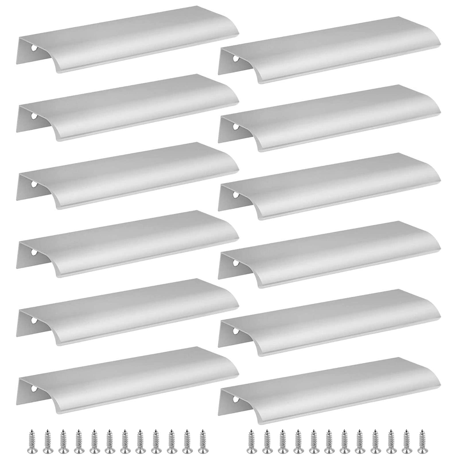 Cjueiom 12 Pack Concealed Kitchen Cupboard Handles 128mm Hole Center Hidden Drawer Pulls, Finger Edge Pull Aluminum Cabinet Handle Invisible Door Knob for Wardrobe (150mm Total Length, Silver)