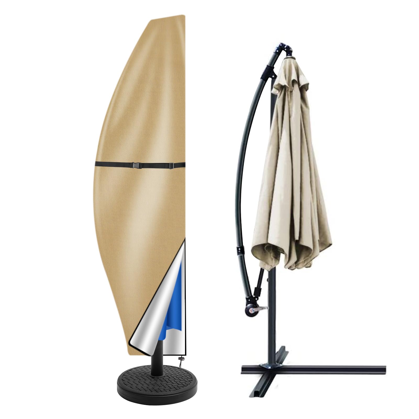 Teynewer Parasol Cover Waterproof, Cantilever/Straight Parasol Protective Covers with Telescopic Pole and Zipper Fit for 2 to 4 m Large Umbrella Patio Parasol UV-Anti Windproof, Khaki