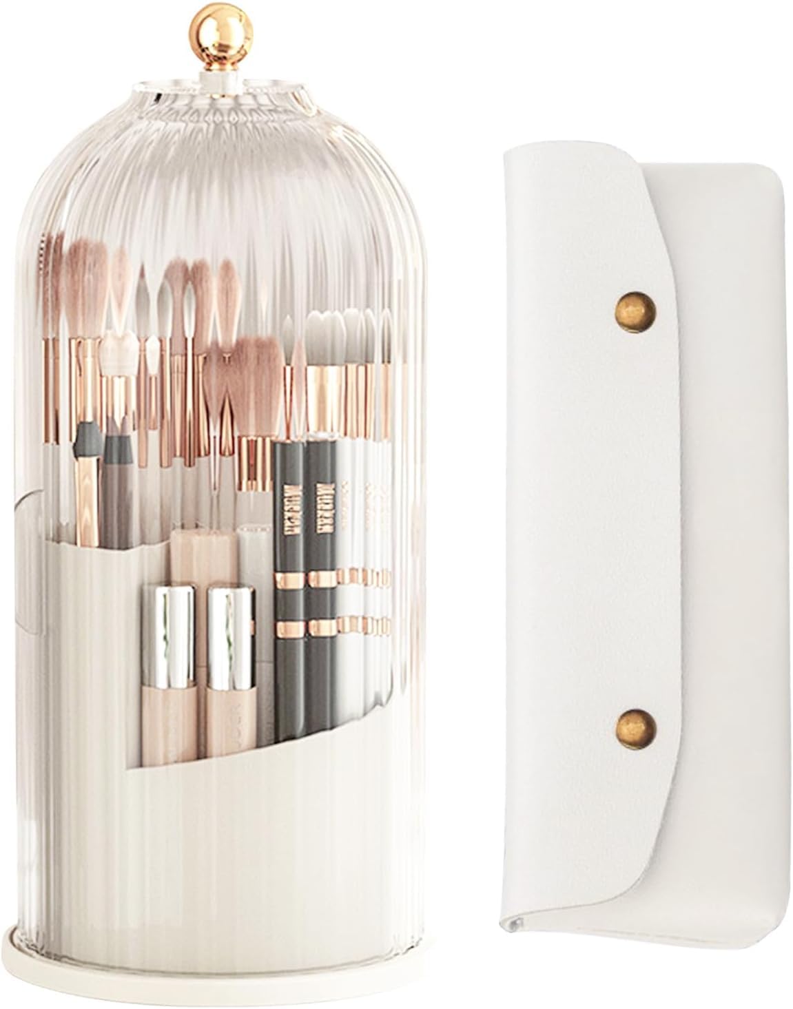 Qivine 360 Rotating Makeup Organiser With Dustproof Lid, Spinning Multi-Purpose Makeup Brush Holder with 3 Compartments, Make Up Brush Holder For Lipstick, Lip Gloss, Eyeliner, Bedroom, Bathroom