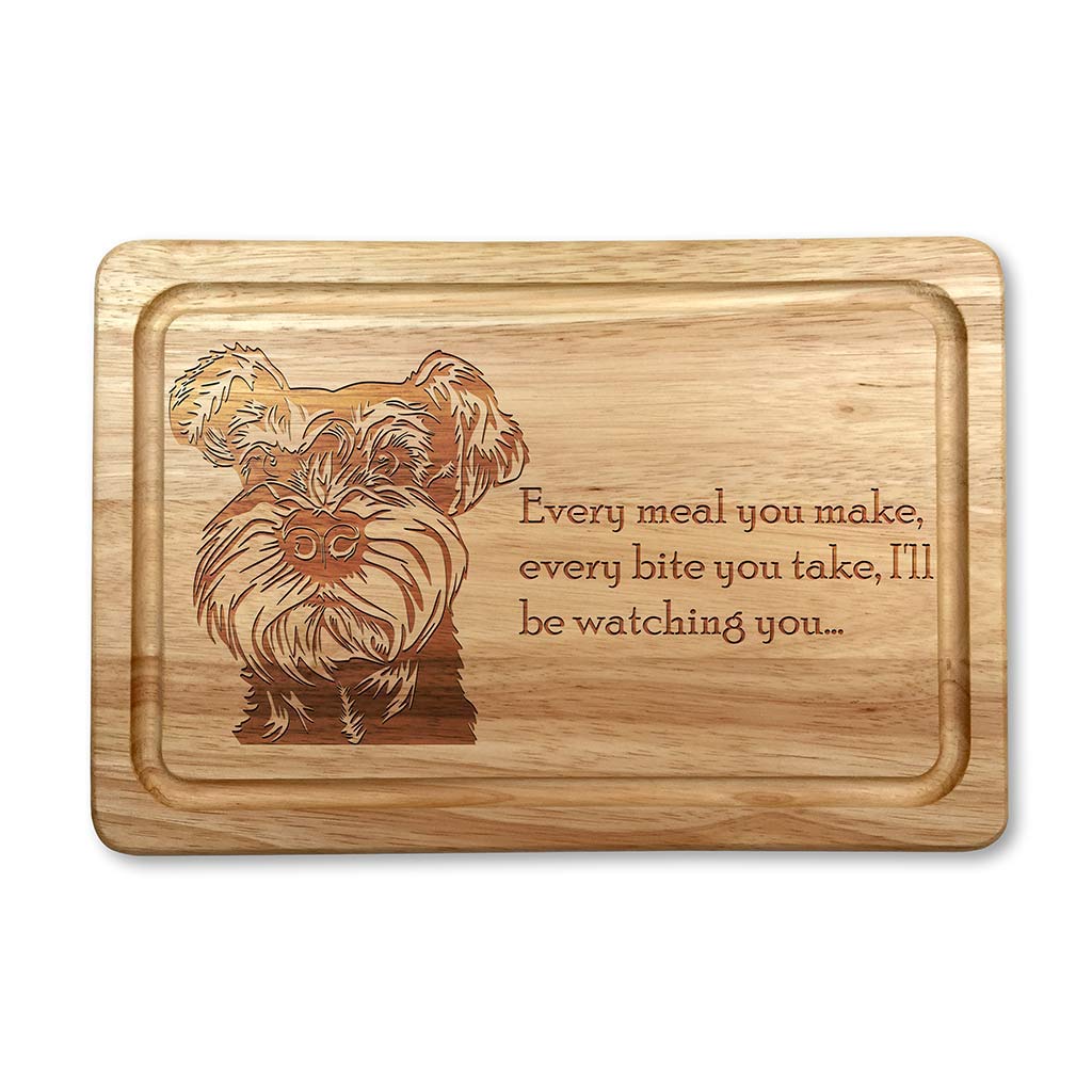 Hardwood Chopping Board with Miniature Schnauzer Dog Design - 30x20 cm Kitchen Cutting Board with Juice Groove - Gift Idea for Him or Her, Christmas & Birthdays - Made in The UK