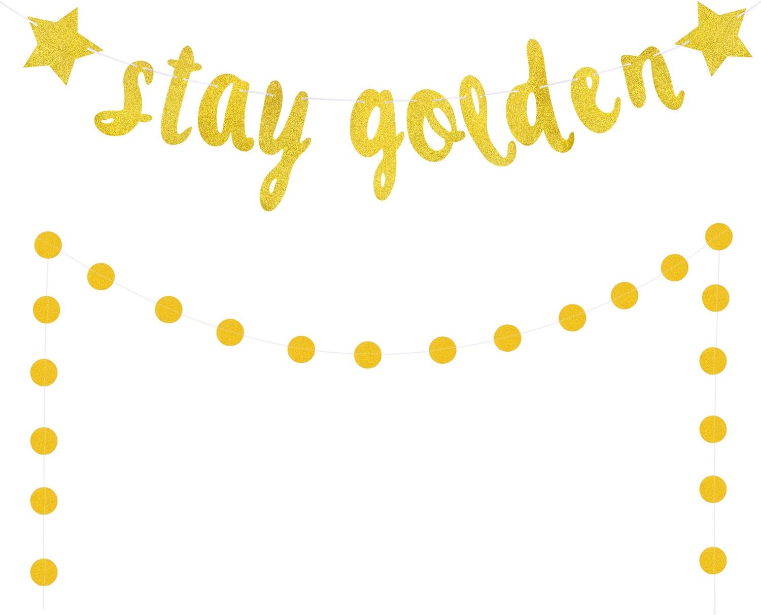2 Pieces Stay Golden Banner Glitter Gold Lucky Birthday Banner Circle Dot Hanging Garland for Birthday Baby Shower Party Decoration Supplies