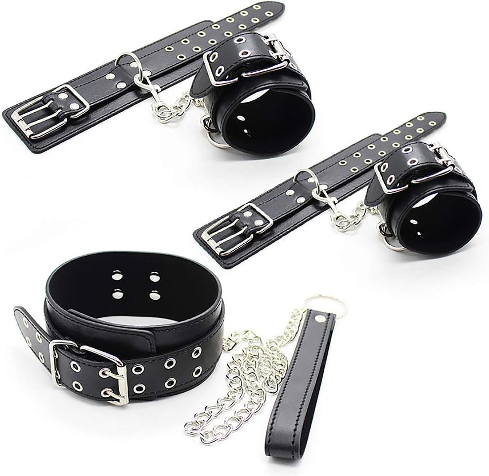 daogong 3 Piece Set with Soft Leather Double Row pin Buckle Handcuff Couple Game in Black