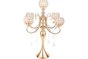 LANLONG Gold Centerpiece for Table, 25.6in Candle Holder for Table Centerpieces, 5Arms Tall Crystal Candelabra Candle Holder, Candelabra Centerpieces for Table Wedding Christmas Party Event