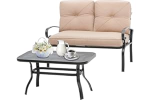 Incbruce Patio Loveseat with Coffee Table - Outdoor Bench with Cushion,2 Piece Wrought Iron Outdoor Loveseat Metal Frame Porch Furniture Set for Patio, Poolside, Garden (Brown)