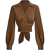 MakeMeChic Women's V Neck Ruched Blouse Tie Back Button Long Sleeve Business Crop Tops