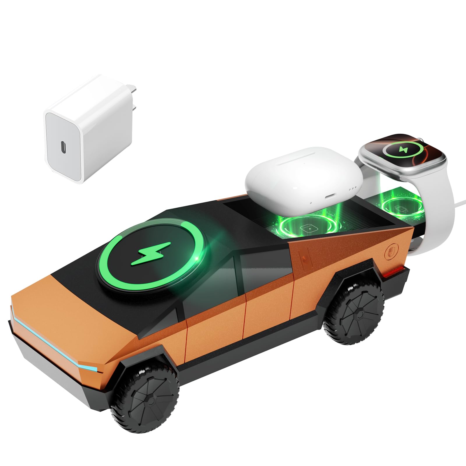 CyberDock 3-in-1 Wireless Charging Station, Cybertruck 1:25 Scale Charger with Qi2 Certified 15W Charging for iPhone iWatch AirPods, Magnetic Rotating Charger with Ambient Light, 30W Adapter, Orange