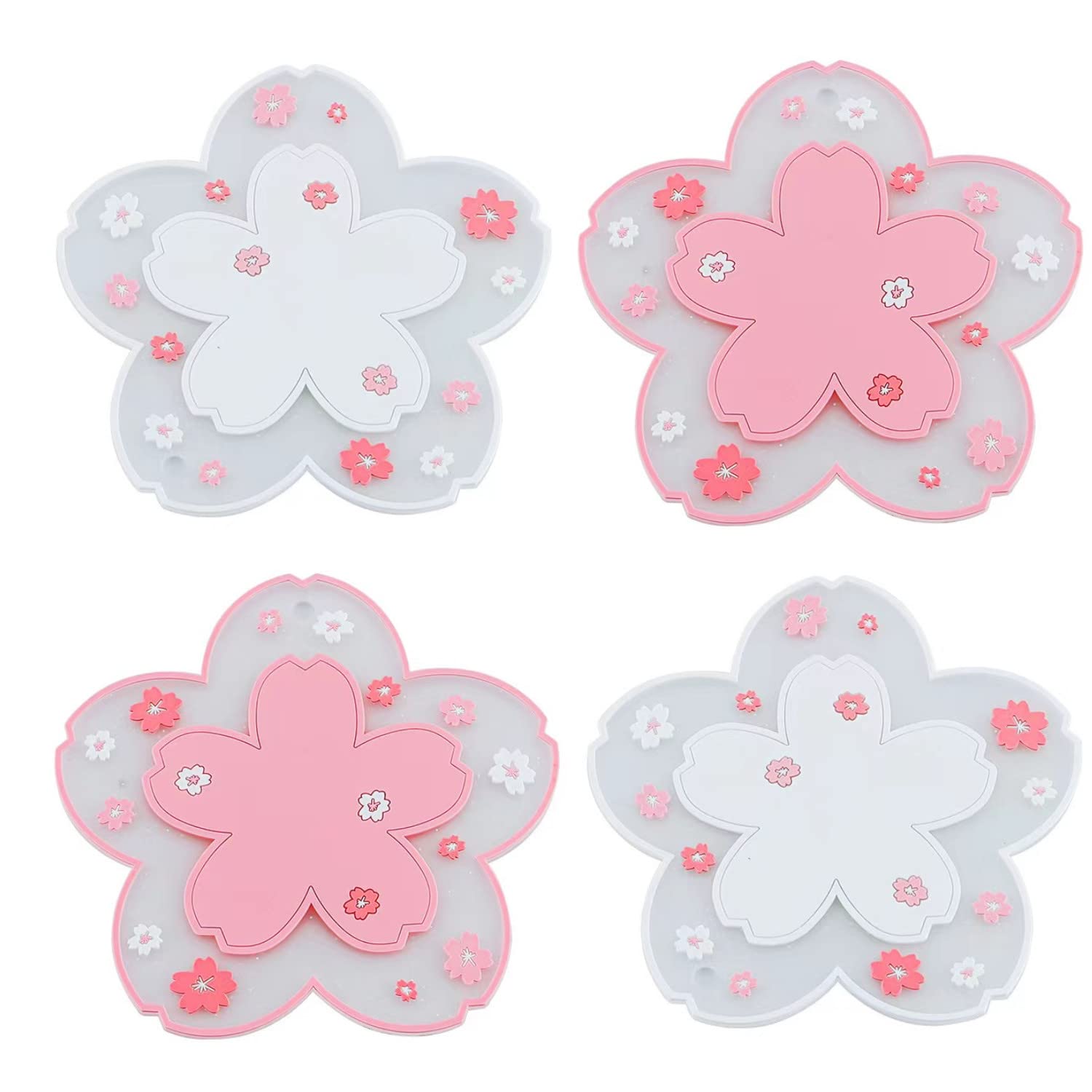 Sakura Cup Coaster, 4 pcs Cherry Blossom Cup Mat Non-Slip Insulation PVC Cup Coaster Cute Cherry Blossom Home Tea Mug Flower Pattern Durable Pot Bowl Pad for Office Hotel Restaurant Coffee Shop Bar