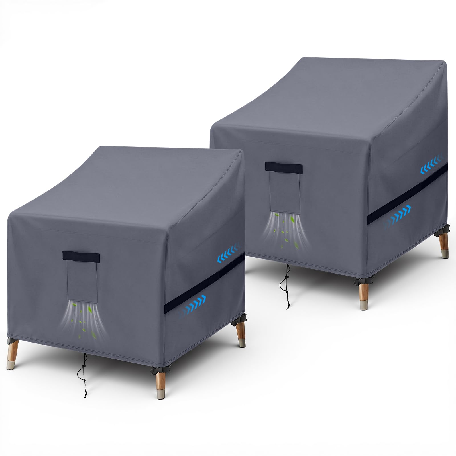GARPROVM Garden Chair Covers Waterproof 2 Pack, Outdoor Chair Covers Oxford Fabric With Vent Strap Handle Buckle Drawstring, Patio Chair Covers Windproof for Armchairs (Grey, 90x97x60/79cm)
