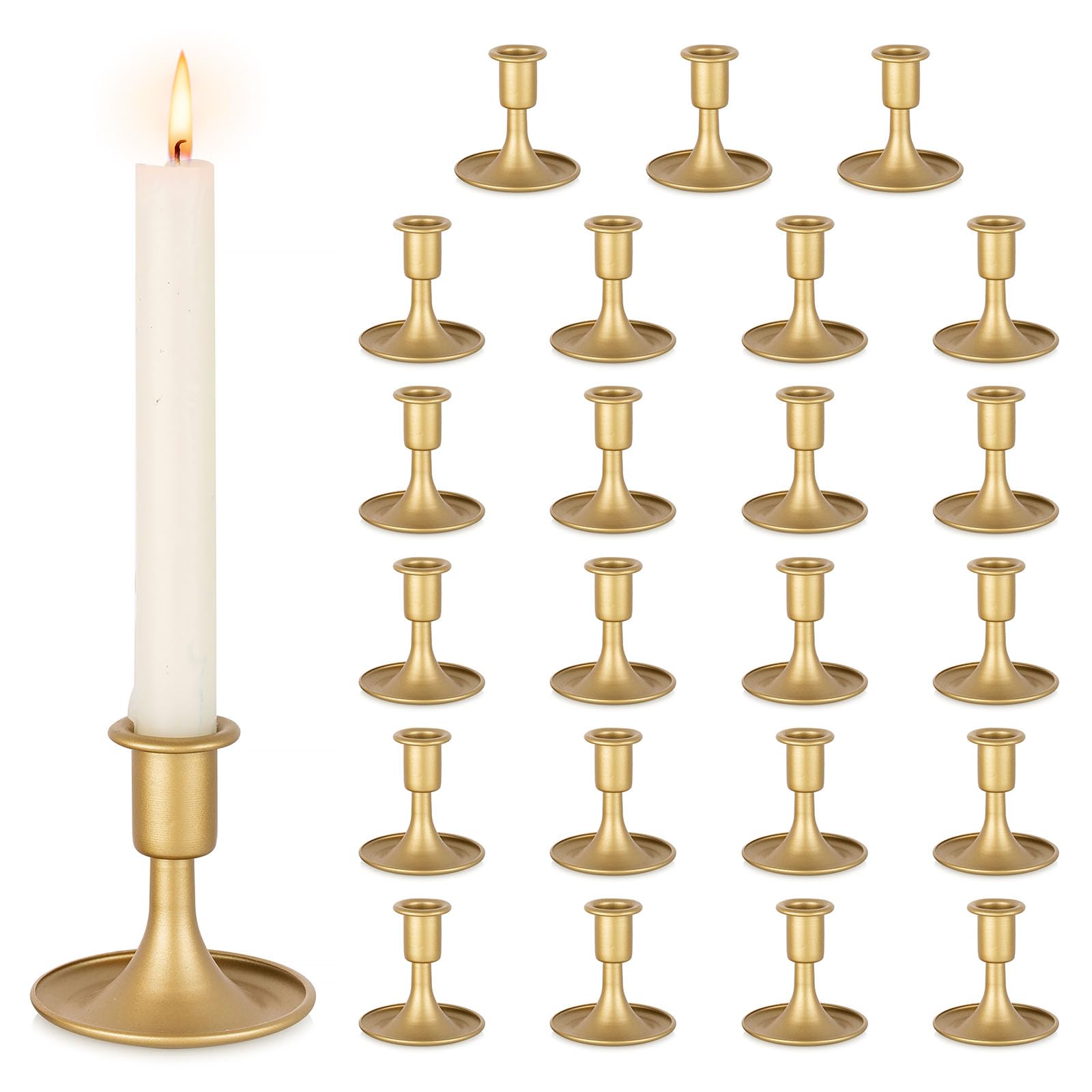 Inweder Matte Gold Candle Holders: Set of 24 Vintage Candlestick Holders for Table Centrepiece Brass Taper Candle Holder for Christmas Wedding Party Mantelpiece Decoration