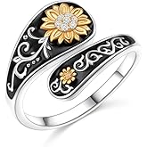 FLYOW Sterling Silver Sunflower Spoon Ring Victorian Style Boho Antique Flower Adjustable Open Ring Retro Statement Cubic Zirconial/Turquoise/Oxidized Thumb Rings for Women Birthday Christmas Jewelry