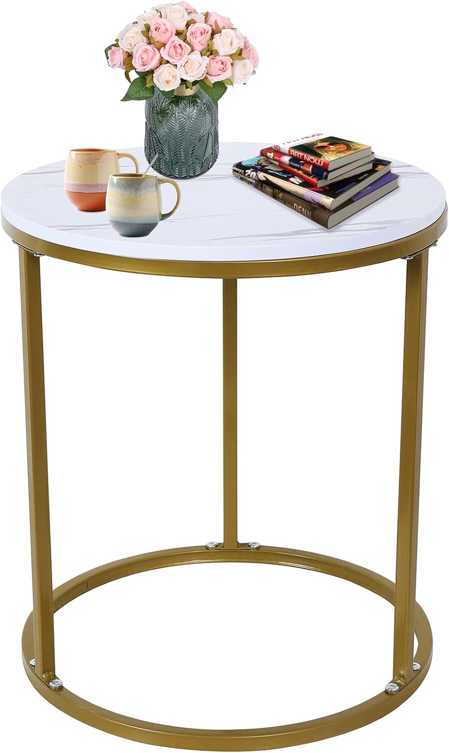 Gold Round Side End Table Nightstand With White Marble Top Small