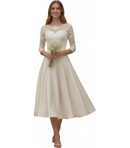 white tea length dress with sleeves A-Line Satin Beaded Elegant Bridal Shower Long V-Neck COCOMELODY CW3383, 20 Days / Ivory / US22-UK24-EUR52 long sleeves Trendy Tea Length Wedding Dresses