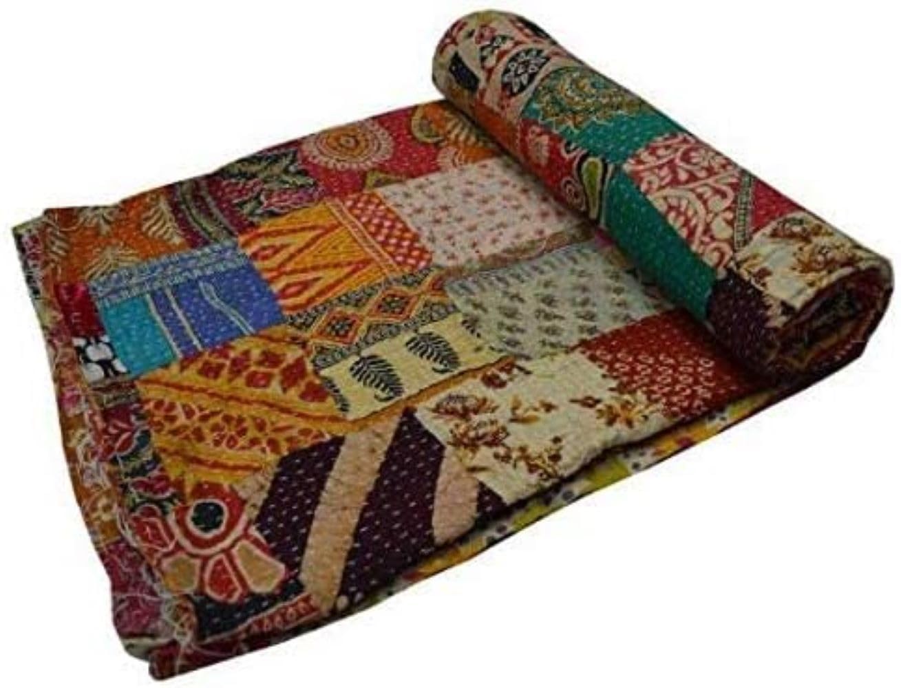 Estationeryhouse Indian Vintage patchwork Kantha Quilt Handmade Throw Blanket Bedspread SilkFabric BOHEMIAN quilt (90" x 108")
