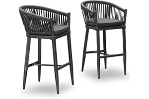 PURPLE LEAF Outdoor Bar Height Stools Set of 2 Patio Metal Modern Wicker Bar Chairs Woven Aluminum Barstools with Back and Cushions for Balcony Garden Indoor Kitchen Poolside Gray
