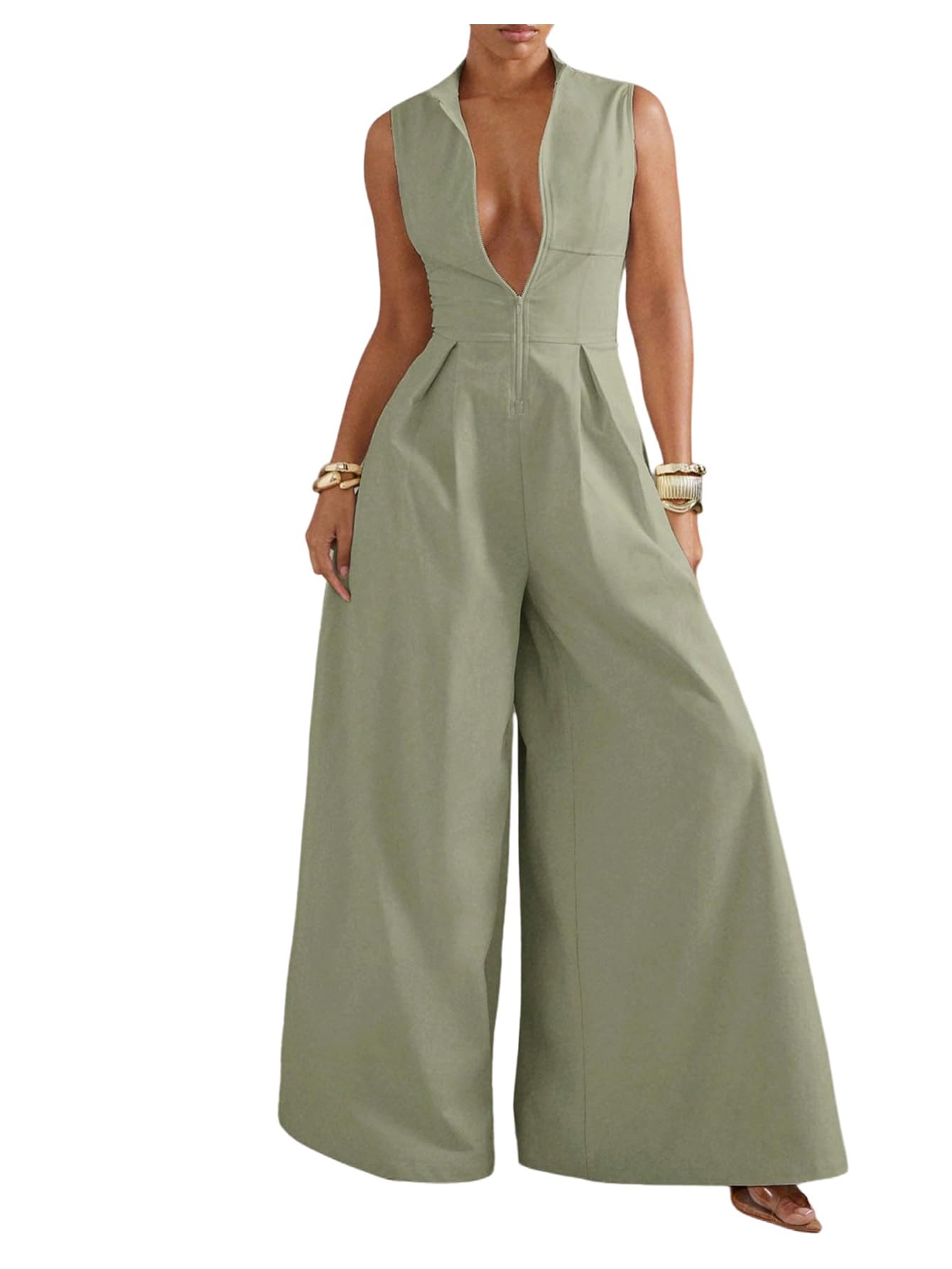 View 1 of ***BROKEN ZIPPER***
Verdusa Women's Zip Up Wide Leg Jumpsuits Sleeveless One Piece Jumpsuit Formal Dressy Casual Spring Outfits Mint Green Small