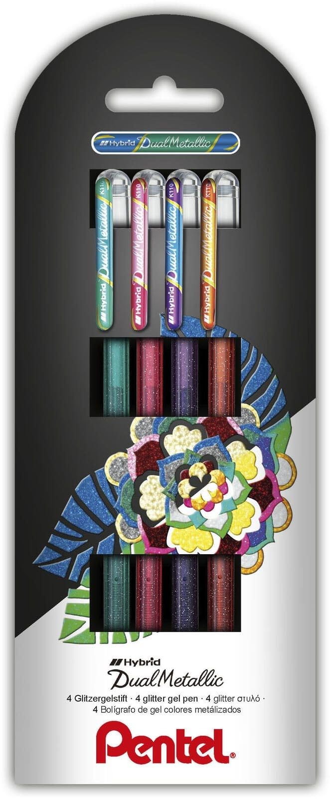 Pentel Hybrid Dual Metallic Wallet, 4 Gel pens, Green, Orange, Pink & Violet (1 of Each)