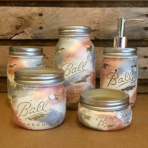 Mason Jar Desk Set, Mason Jar Bathroom Set, Ivory, Silver and Rose Gold Mason Jar