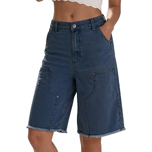 EXLURA Bermuda Shorts for Women Knee Length Elastic High Waisted Jean Shorts Summer Y2K Denim Jorts Streetwear with Pockets