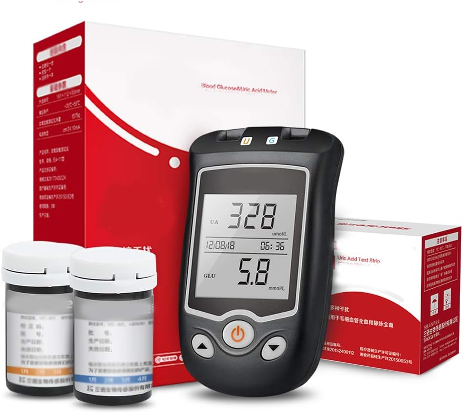 WSN Blood Glucose And Uric Acid Meter 2 in 1 Multifunctional System Blood Glucose Monitoring Uric Acid Monitor + Uric Acid Test Strip 50 + Blood Glucose Test Strip 50 + Lancet 100 Mmol/L