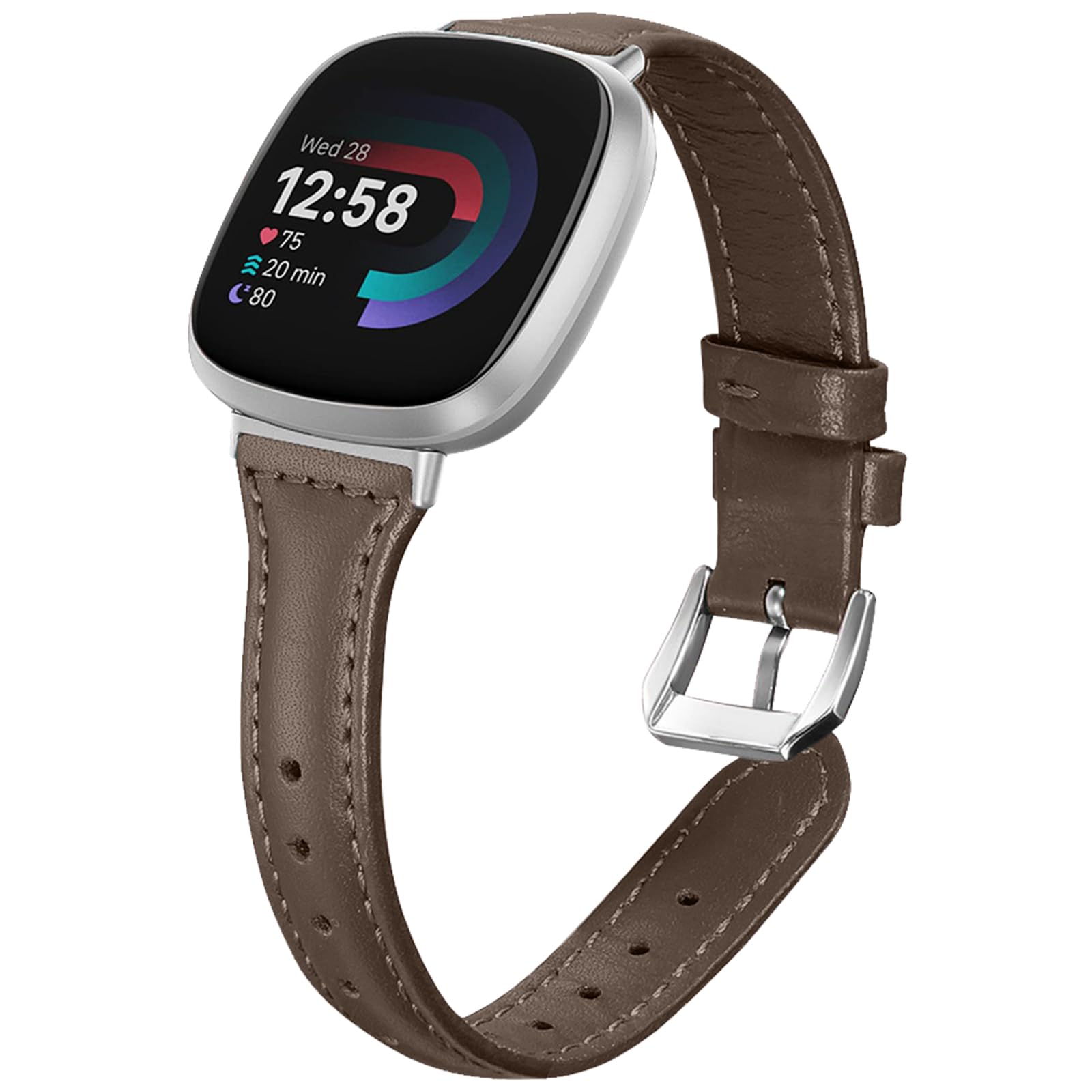WoPail Leather Strap for Fitbit Versa 4/Versa 3, Women Slim No Gap Genuine Leather Strap with Stainless Steel Buckle Replacement Band breathable for Fitbit Sense 2/Sense 1 - Chocolate