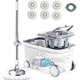 Michao Spin Mop Bucket Deluxe 360 Spinning Floor Cleaning System | with 6 Microfiber Replacement Head Refills,62" Extended Ha