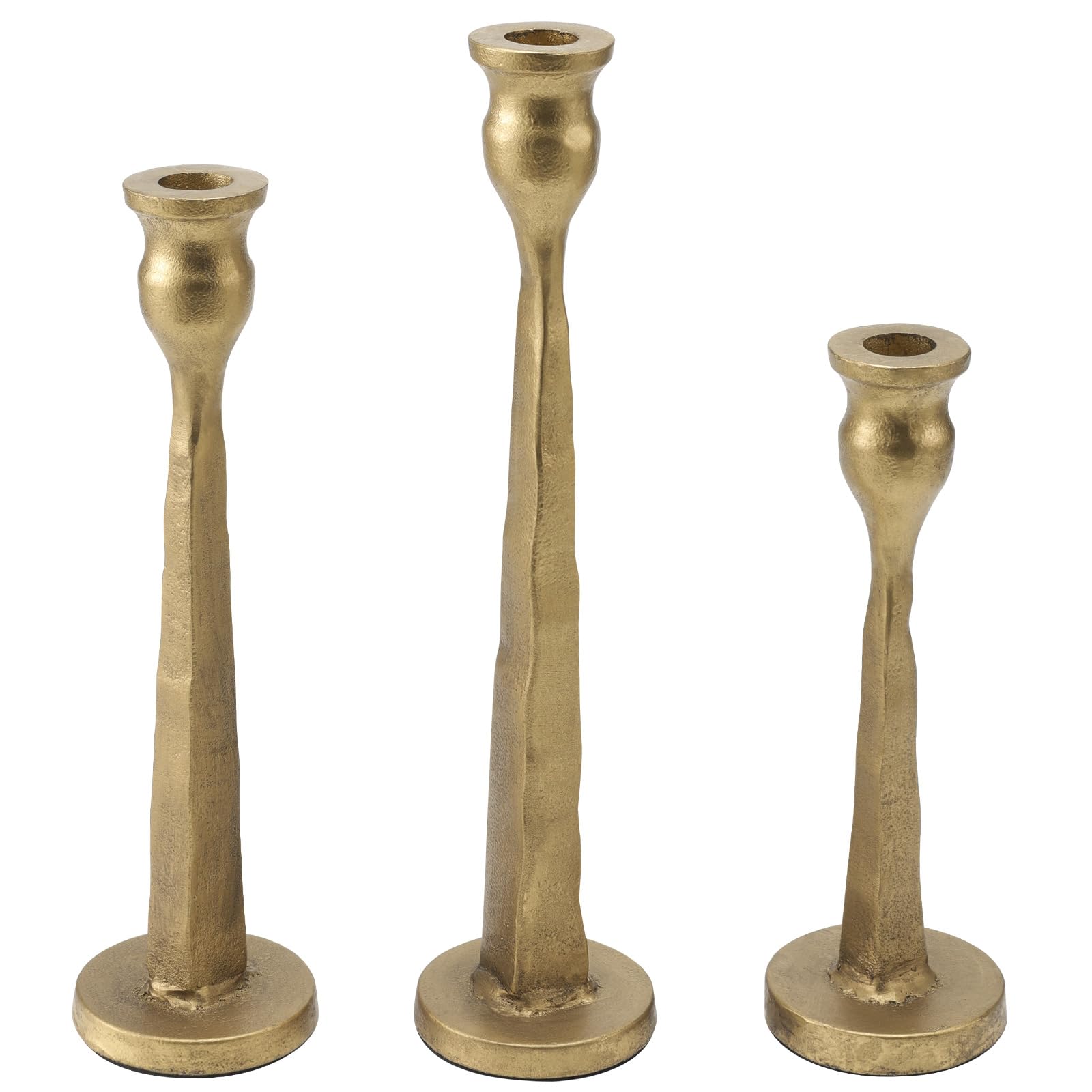 Photo 1 of Heavy Duty Cast Iron Antique Brass Gold Candlestick Holders Set of 3,Tall Taper Candle Holders,Table Vintage Decor Centerpiece Candle Holders for Fireplace Party Dining Home