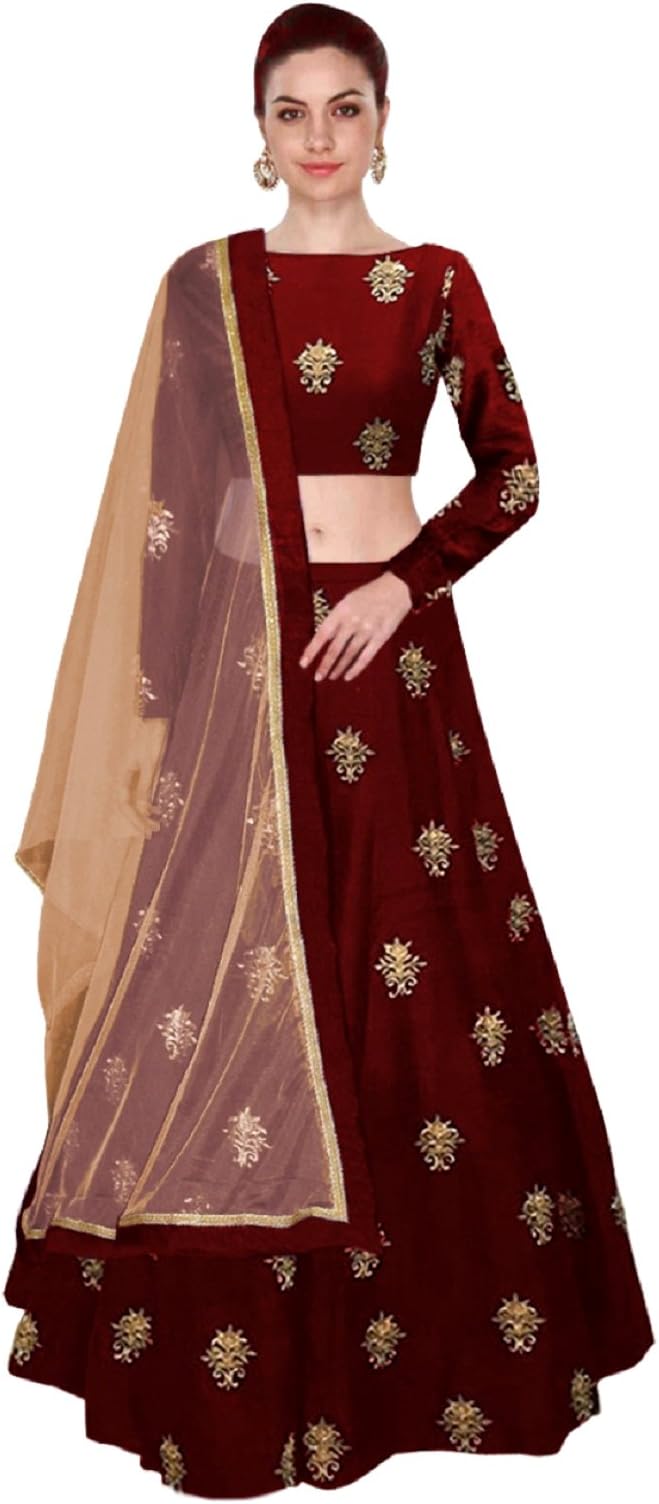 Shree Impex Women's Embroidered Taffeta Silk Semi-Stitched Lehanga Choli (All over 1, Maroon, Free Size)
