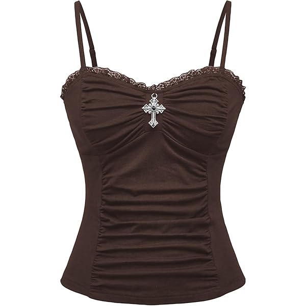 SOLY HUX Womens Y2K Lace Cami V Neck Sleeveless Striped Shirt