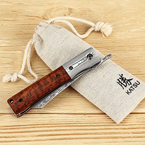 KATSU Handmade Damascus Steel Japanese Razor Pocket Folding Knife with