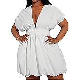 WDIRARA Women's Plus Size Deep V Neck Bubble Dress Short Sleeve A Line Mini Dresses