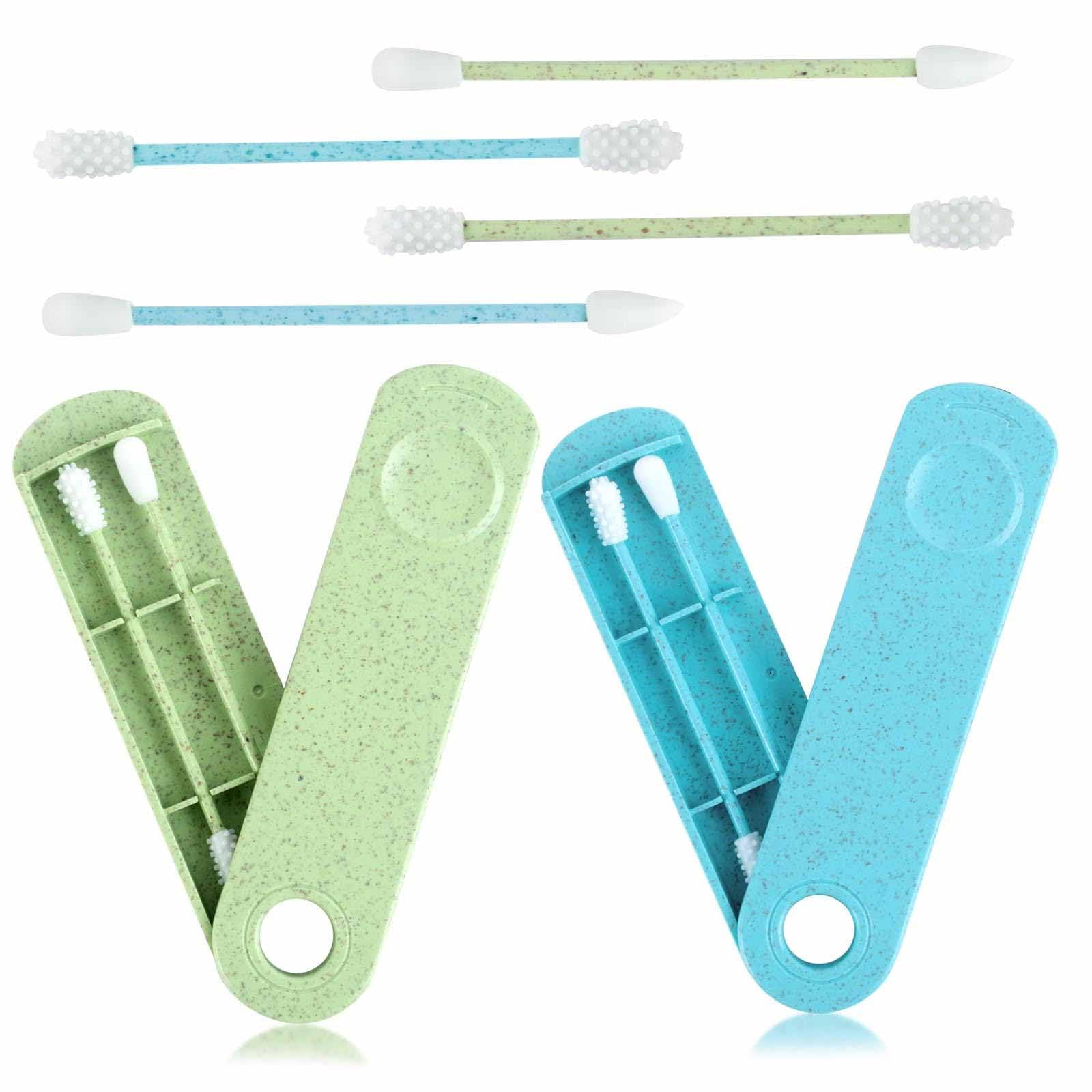 4 PCS Reusable Cotton Buds Reusable Swab Double-Ended Spiral with 2 Travel Holder Green and Blue for Ear Cleaning Make Up,ect. Reusable Cotton Buds for Ear Cleaning
