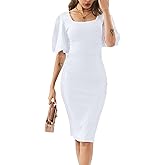 Womens Work Dresses Square Neck Lantern Sleeve Bodycon Cocktail Midi Dress