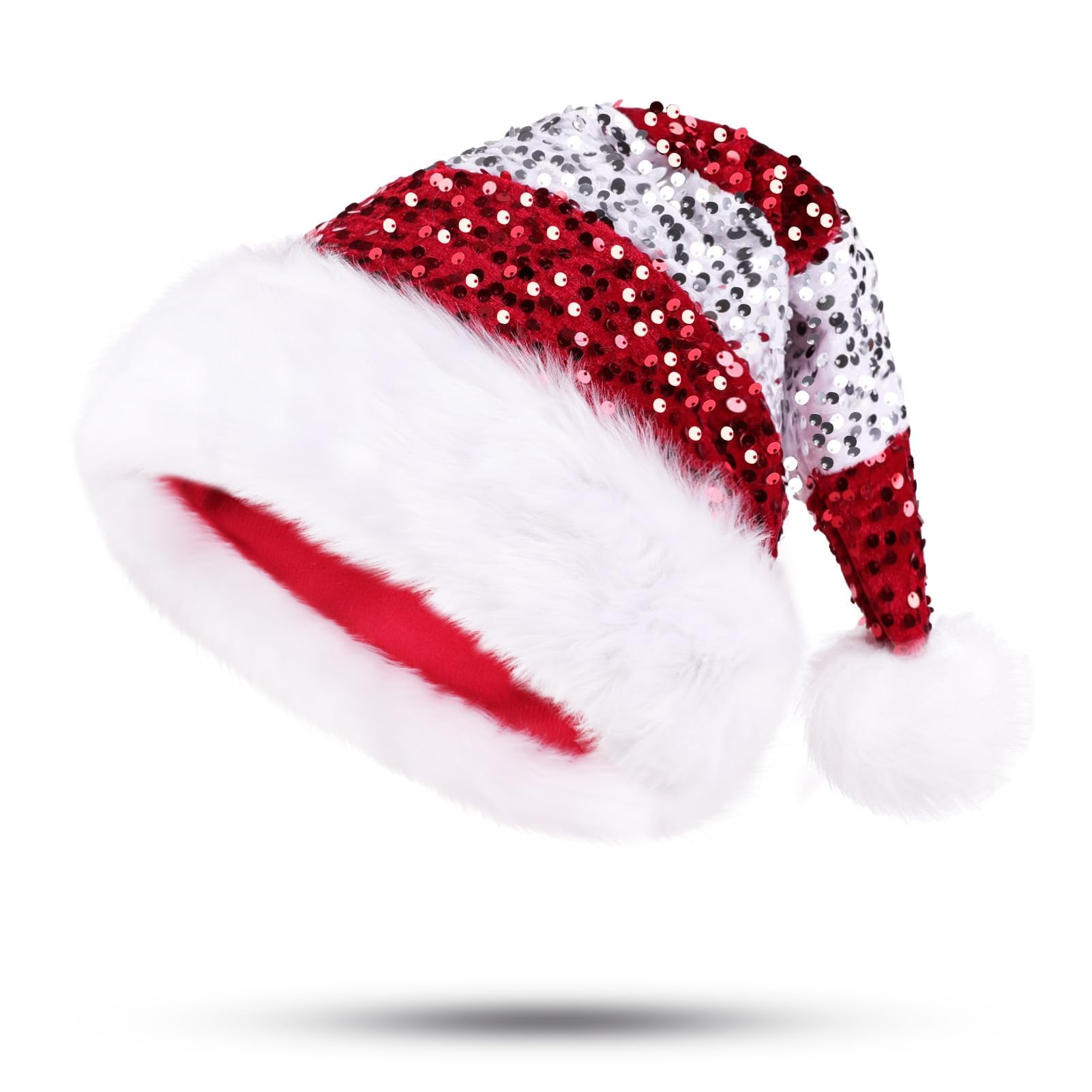 PUZAUKAL Christmas Hat for Adult Santa Hat Sequin Luxury Santa Claus Hat Warm Xmas Elf Hat Extra Soft for Christmas New Year Festive Holiday Party Red-White