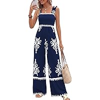 PRETTYGARDEN Womens Jumpsuit Casual One Piece Boho Summer Outfits Shirred Strap Wide Leg Long Pants Rompers With Pockets