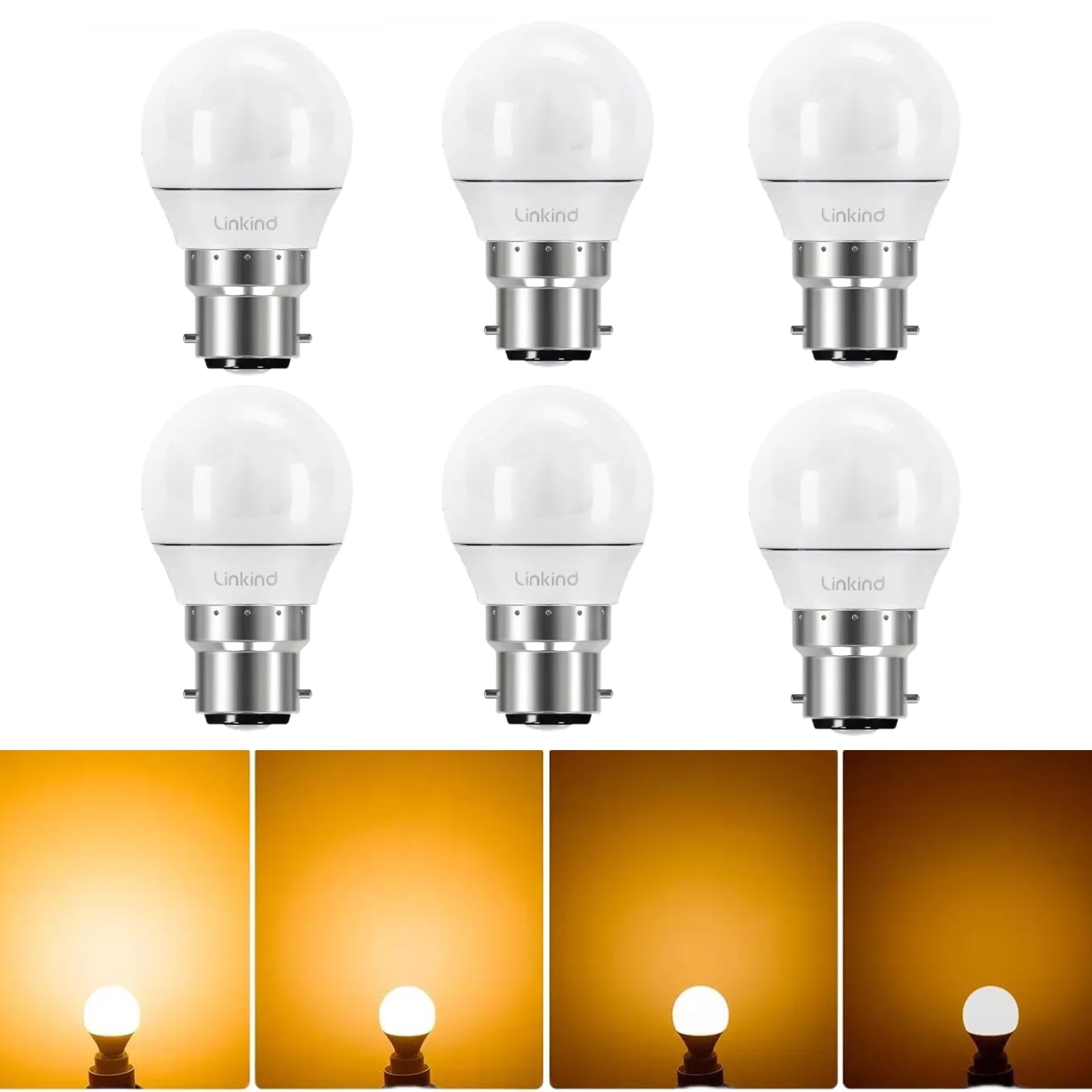 Linkind 4.2W Dimmable B22 LED Light Bulb, 40W Equivalent Golf Ball Light P45(G45) Bulbs, Soft White 2700K 470LM, Bayonet Cap, Not Suitable for 3-Way Dimmable Lamps, 6 Pack