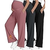 Yearntown 3 Pack Fleece Lined Maternity Pants Pregnant Lounge Pants Wide Leg Casual Sweatpants with Drawing and Pocket