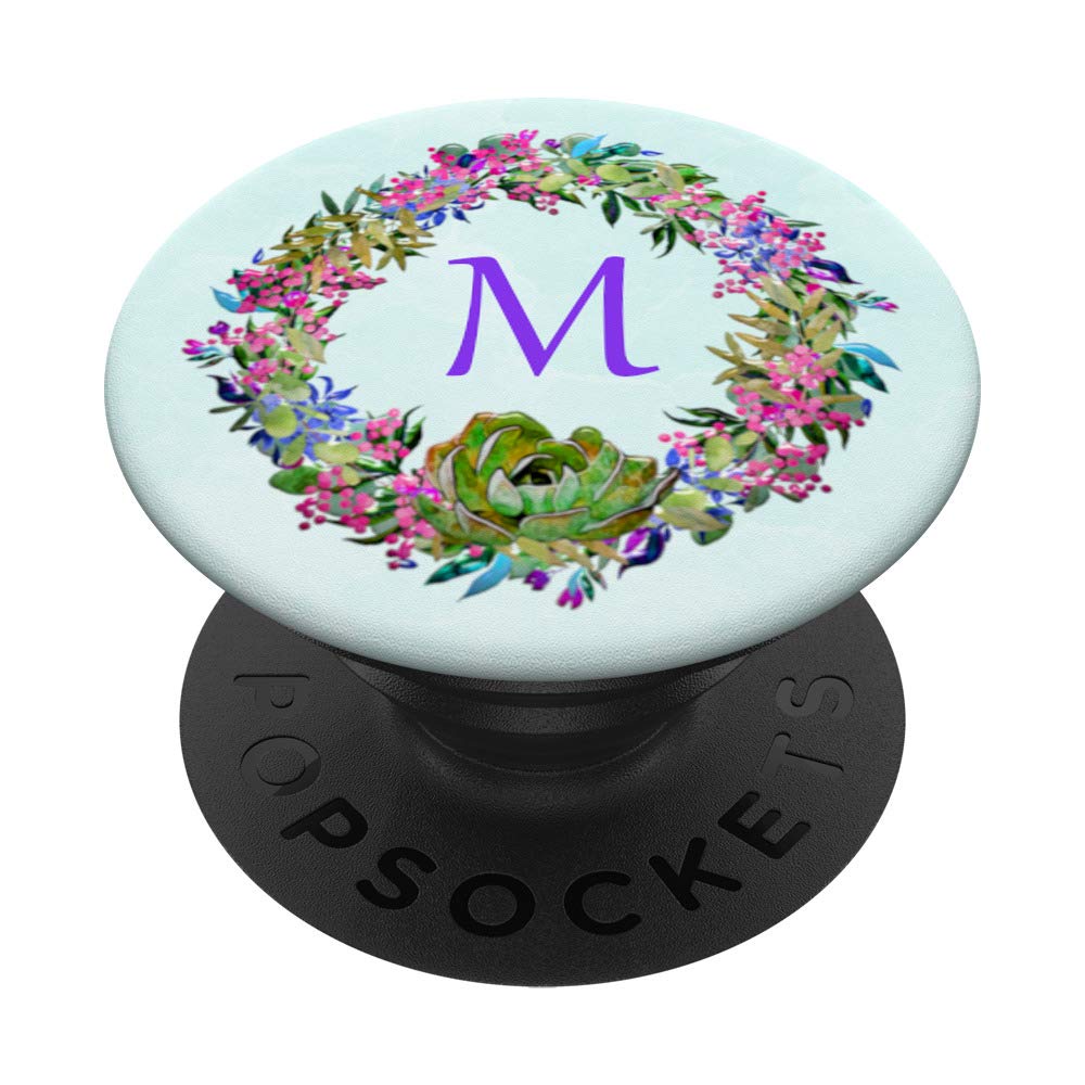 Mint Floral Phone Grip with Letter M Pop Up Holder Cactus PopSockets Grip and Stand for Phones and Tablets