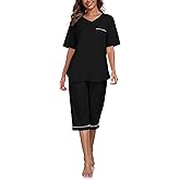 ANLIQI Women's 100% Cotton Pajama Sets Pjs Sleepwear for Women 2 piece Short Sleeve with Capri Pants Soft & Comfy Lounge Set