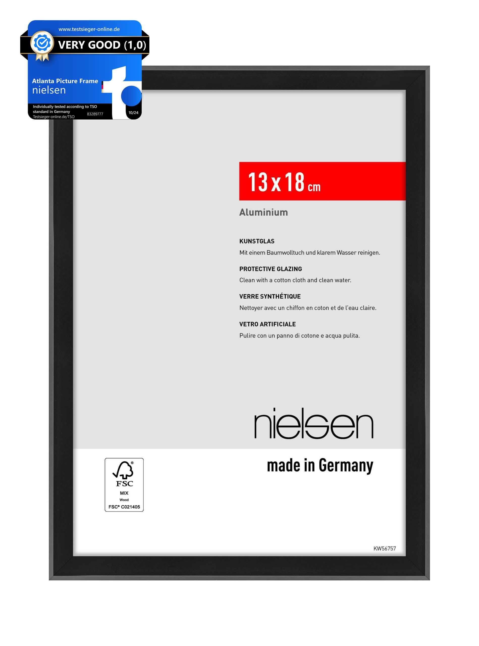 nielsen Atlanta Aluminium Picture Frame - Frosted Black 5x7in, 13x18cm - with Synthetic Glass and Push-Turn Clips